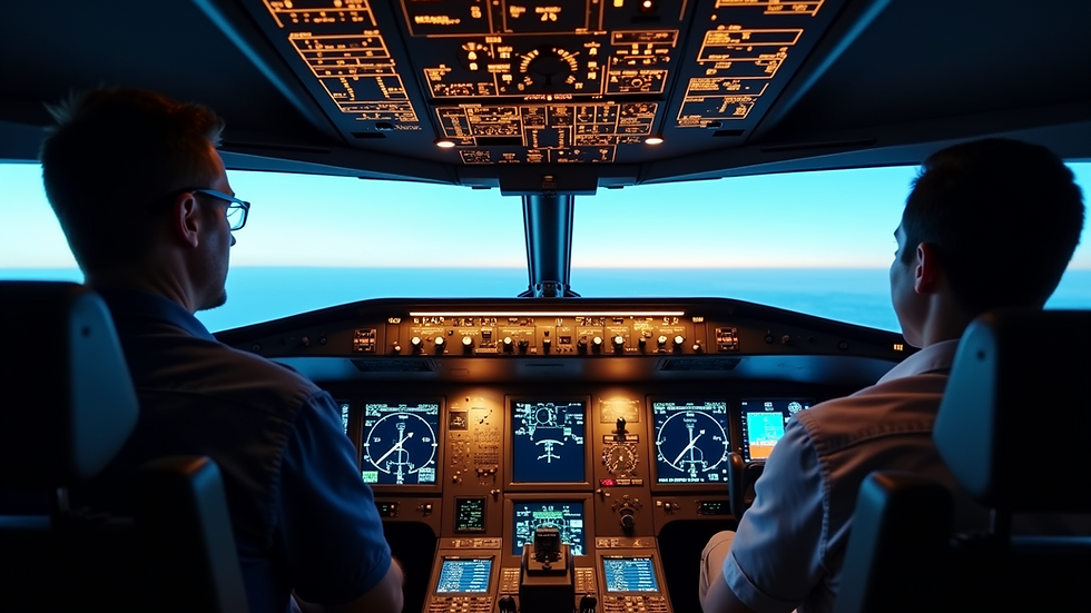Eye-level view of a flight simulator cockpit with control panels
