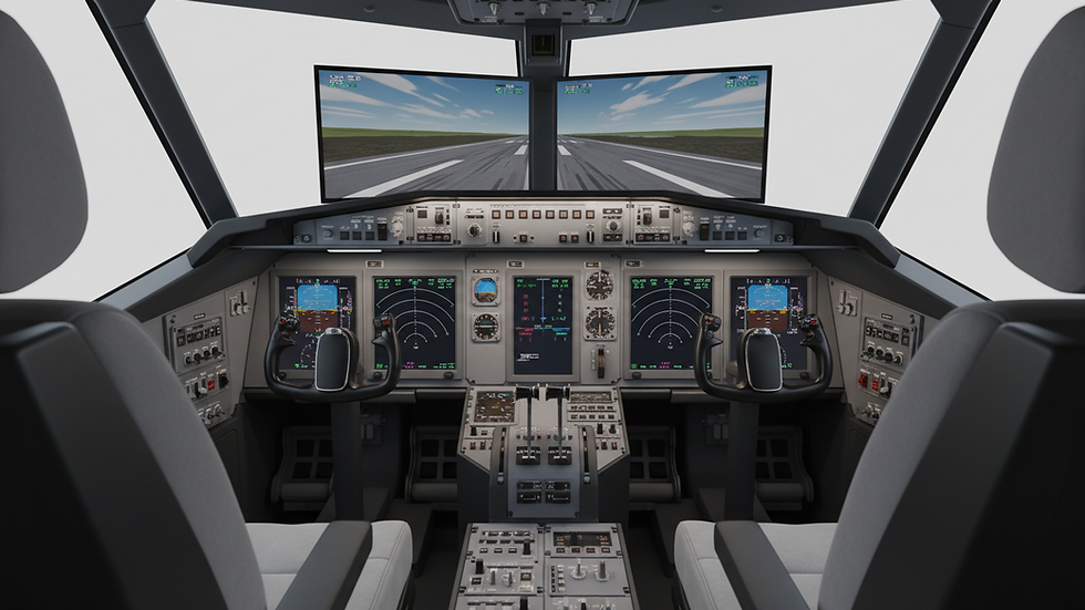Close-up view of a flight simulator cockpit with controls and screens