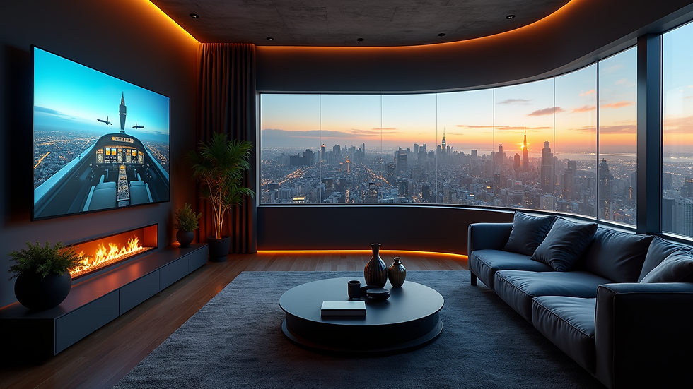 Wide angle view of a living room with a flight simulator cockpit and large curved screen
