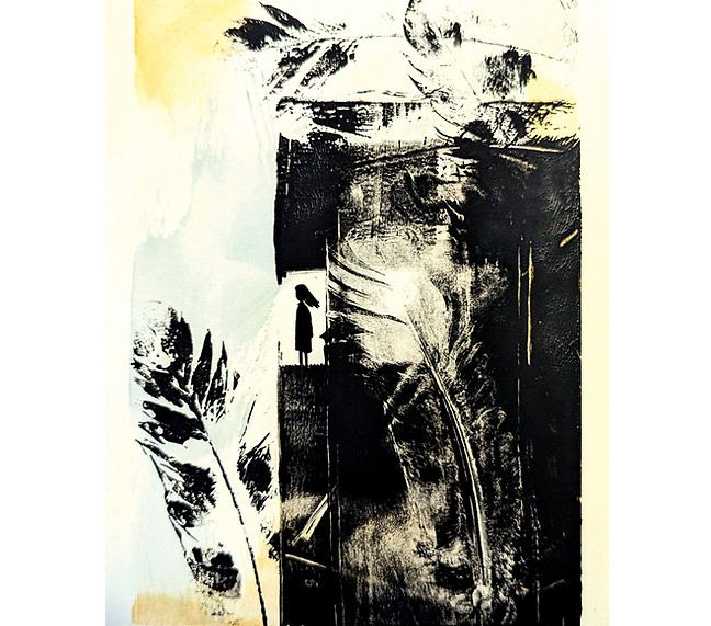 Zarte Druckgrafik mit Mädchen was aus dem Balkon zum Horizont sieht