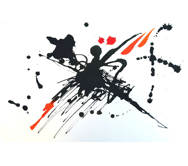 Tuschezeichnung einer Tänzerin in schwarz und orange-rot, schwungvoller Kleckstil