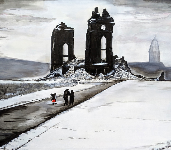 Ruine der Dresdner Frauenkirche, schwarzeweiß, Acryl auf Leinwand