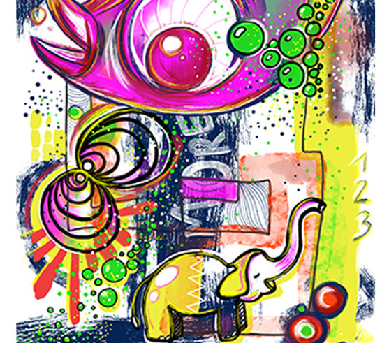 Trashig-bunte Malerei von einem großen pinken Fisch, einem gelben Elefanten und vielen Details