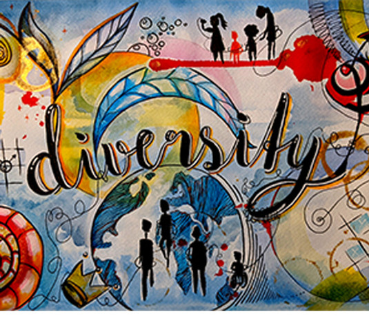 Intuitive Zeichnung in Aquarell, Tusche und Fineliner; Weltkugel mit verschiedenen menschen in bunten Farben