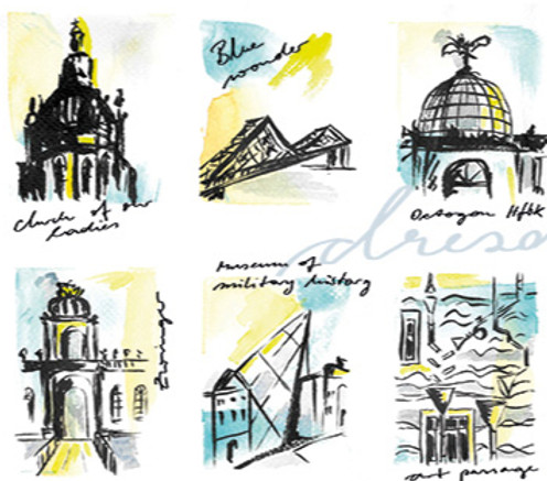 Sehenswürdigkeiten von Dresden in Aquarell gezeichnet. In Blau- und Gelbtönen; Urban Sketching