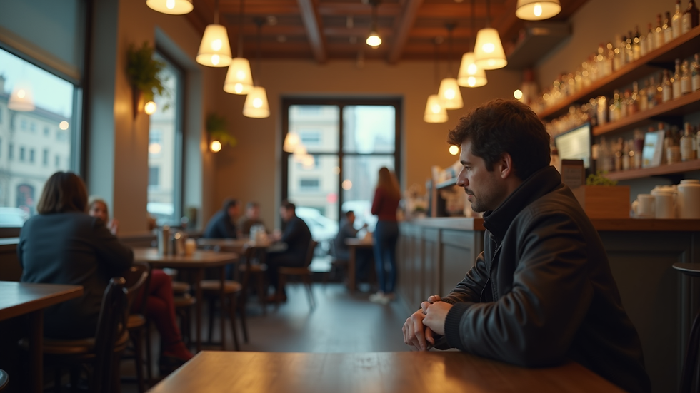 Eye-level view of a cozy coffee shop interior with people engaged in conversation