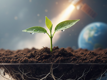 Uma muda verde e jovem com duas folhas cobertas de gotículas de água brota de uma camada espessa de solo úmido e escuro, revelando uma seção transversal de raízes finas e brancas por baixo. Ao fundo, desfocado, vê-se o planeta Terra no lado direito e, no lado superior, o rastro de luz de um foguete ou satélite subindo em direção ao espaço, sugerindo um tema de crescimento, sustentabilidade e exploração