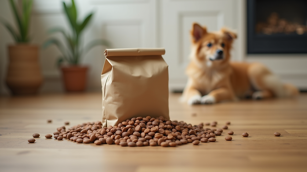Eye-level view of a bag of natural grain-free puppy food on a wooden floor