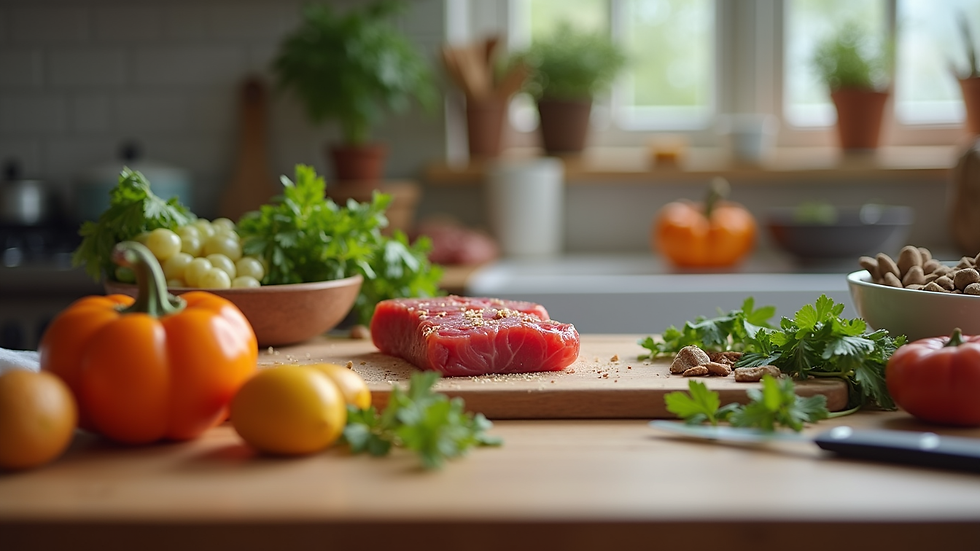 Eye-level view of a kitchen counter with raw dog food ingredients and preparation tools