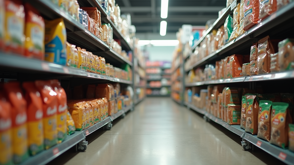 Eye-level view of pet food aisle in a local Clay Cross shop
