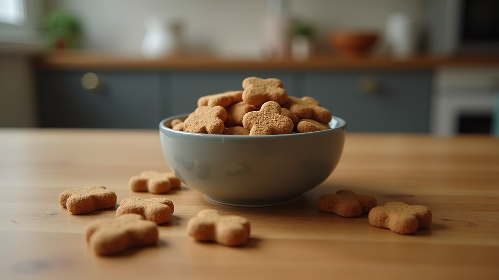 Eye-level view of a bowl filled with natural dog treats on a wooden table