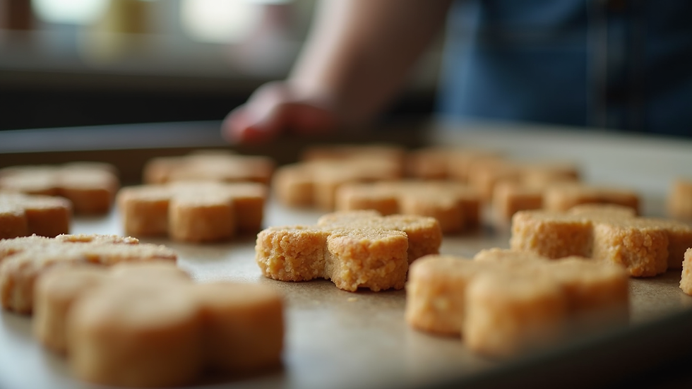 Eye-level view of homemade dog treats on a baking tray