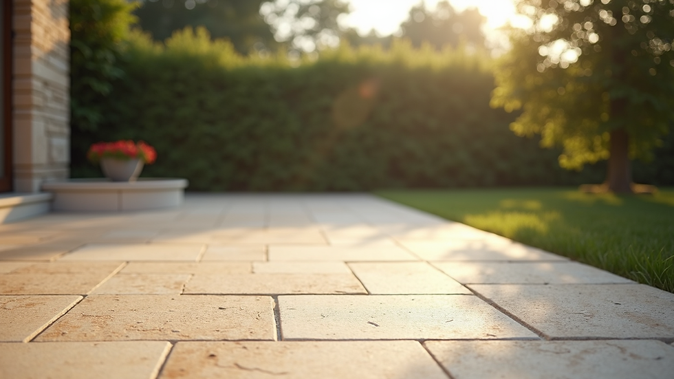 Eye-level view of outdoor patio paved with travertine stones