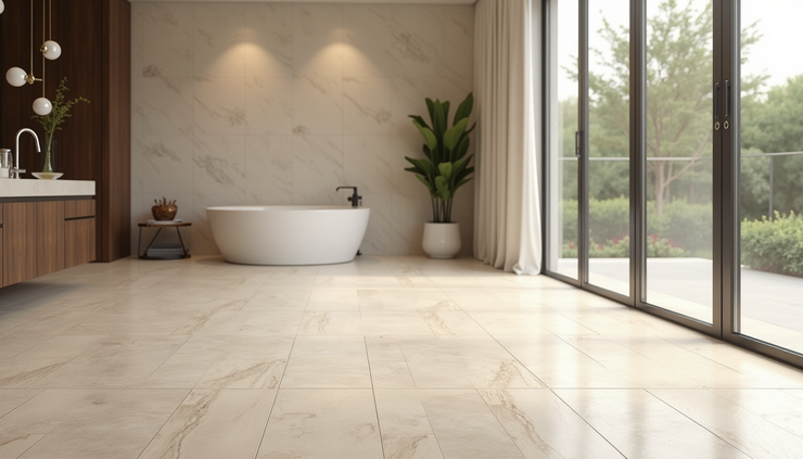 Eye-level view of polished Turkish Ivory Travertine tiles arranged in a showroom in Frankfurt