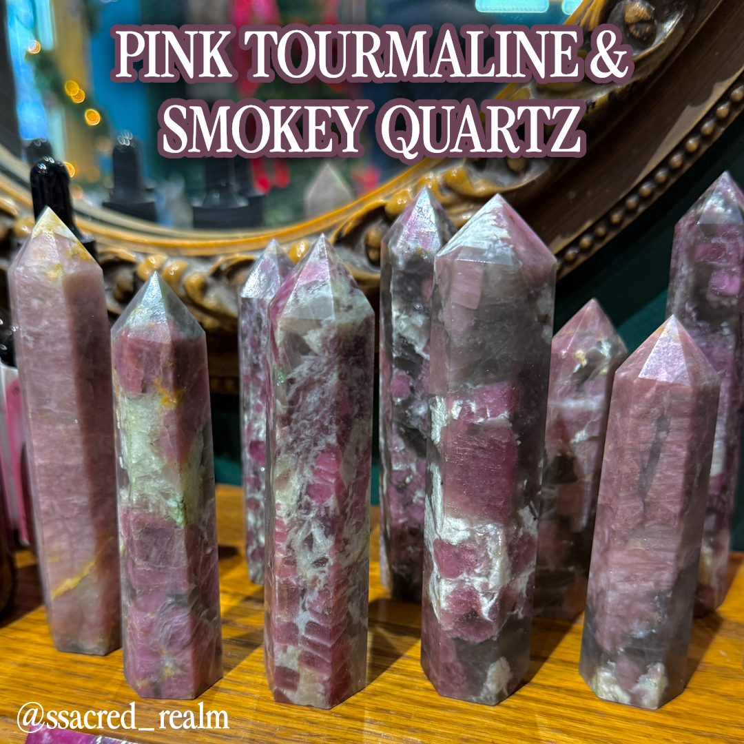 Pink tourmaline & Smokey quartz tower