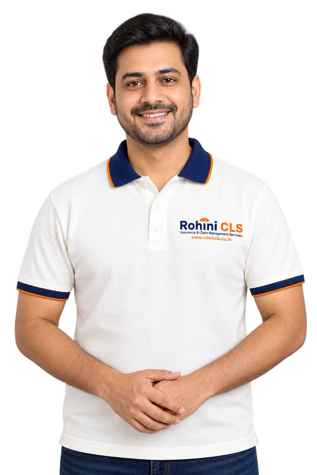 AI-generated representative wearing a polo with the RohiniCLS logo