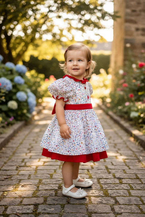 Girls cotton dress with starry floral print, Red neck ruffle, wait band skirt trim