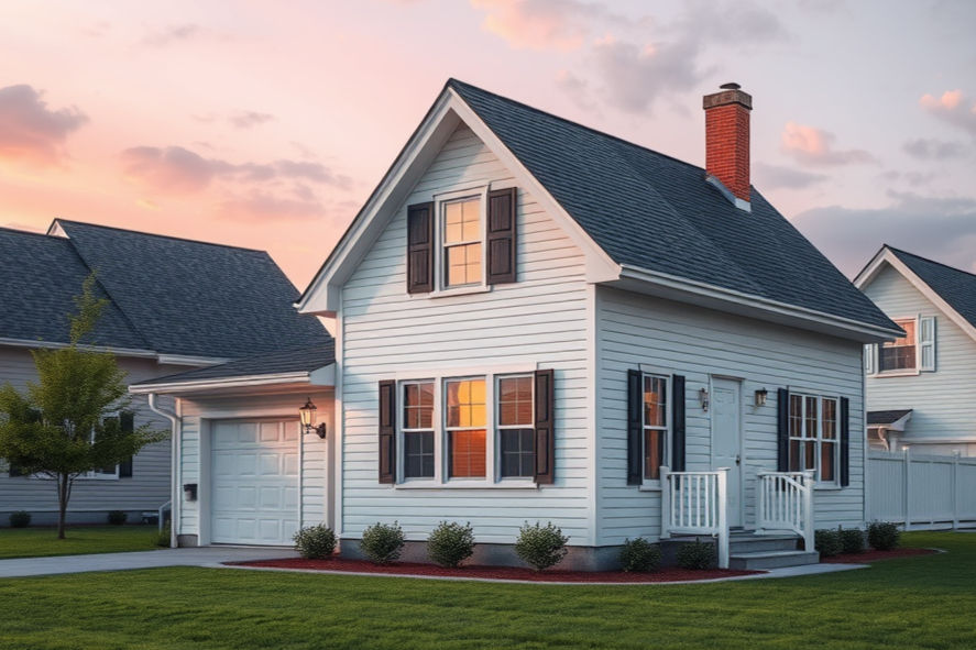 White house with dark shutters and a chimney at sunset, surrounded by green lawn and a pale sky. Warm light glows from a window.