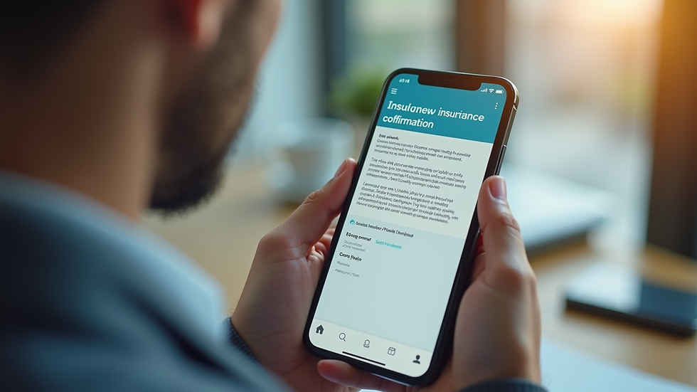 Close-up view of a hand holding a smartphone displaying an insurance policy confirmation