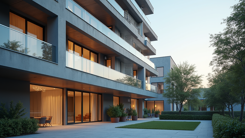 Eye-level view of a modern condominium building exterior