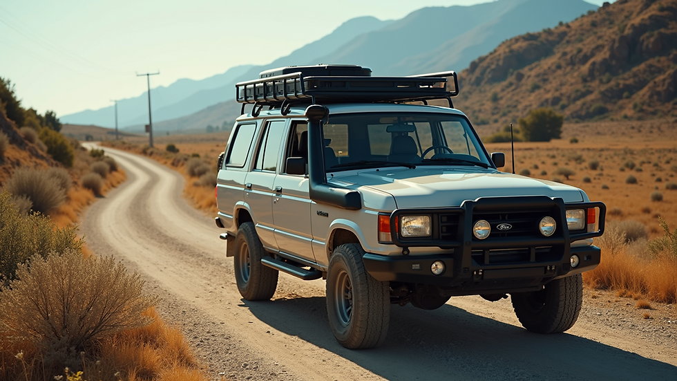 High angle view of a well-equipped vehicle with a roof rack