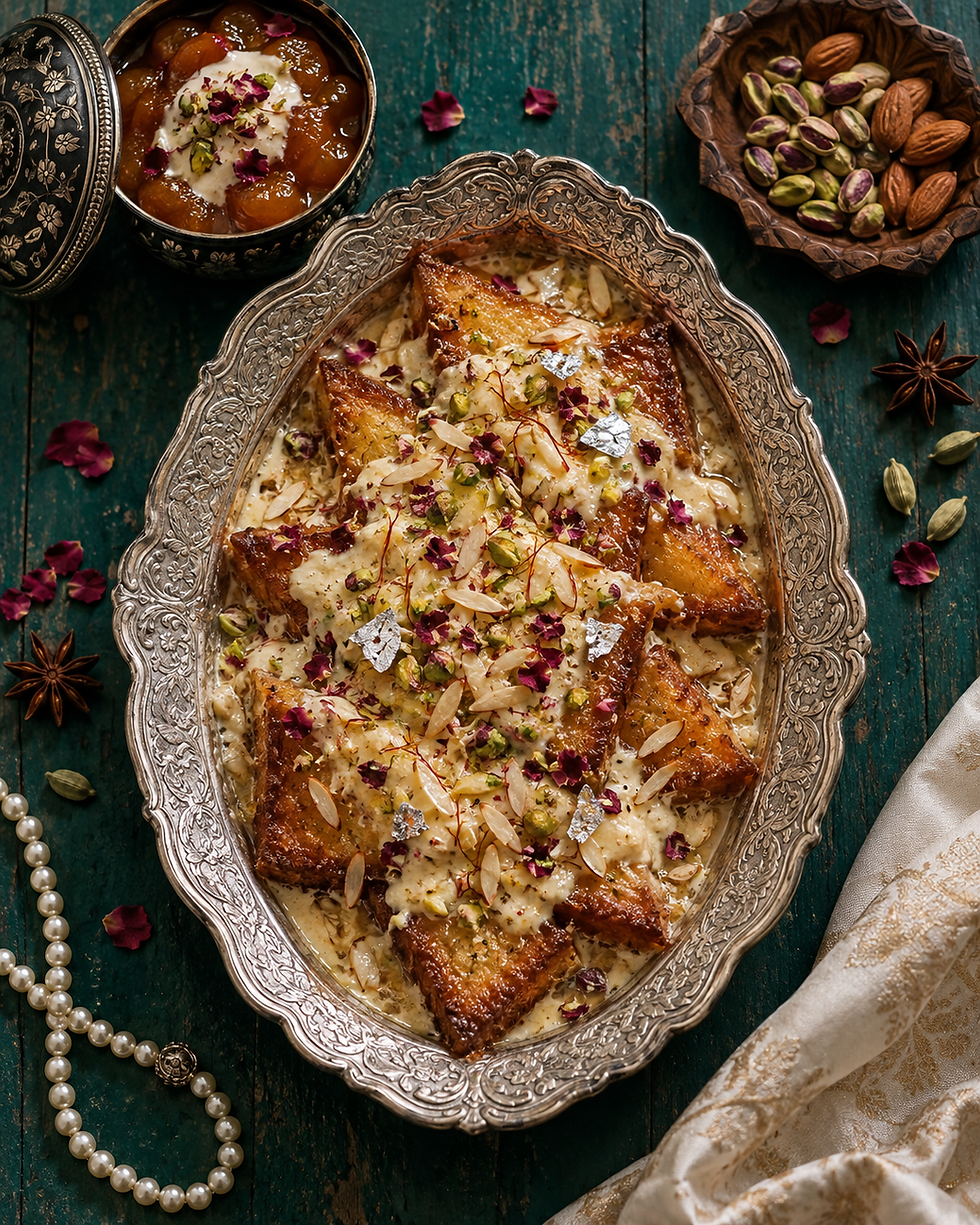 Royal Indian sweets: phirni, zarda and ledikeni on heirloom silver.