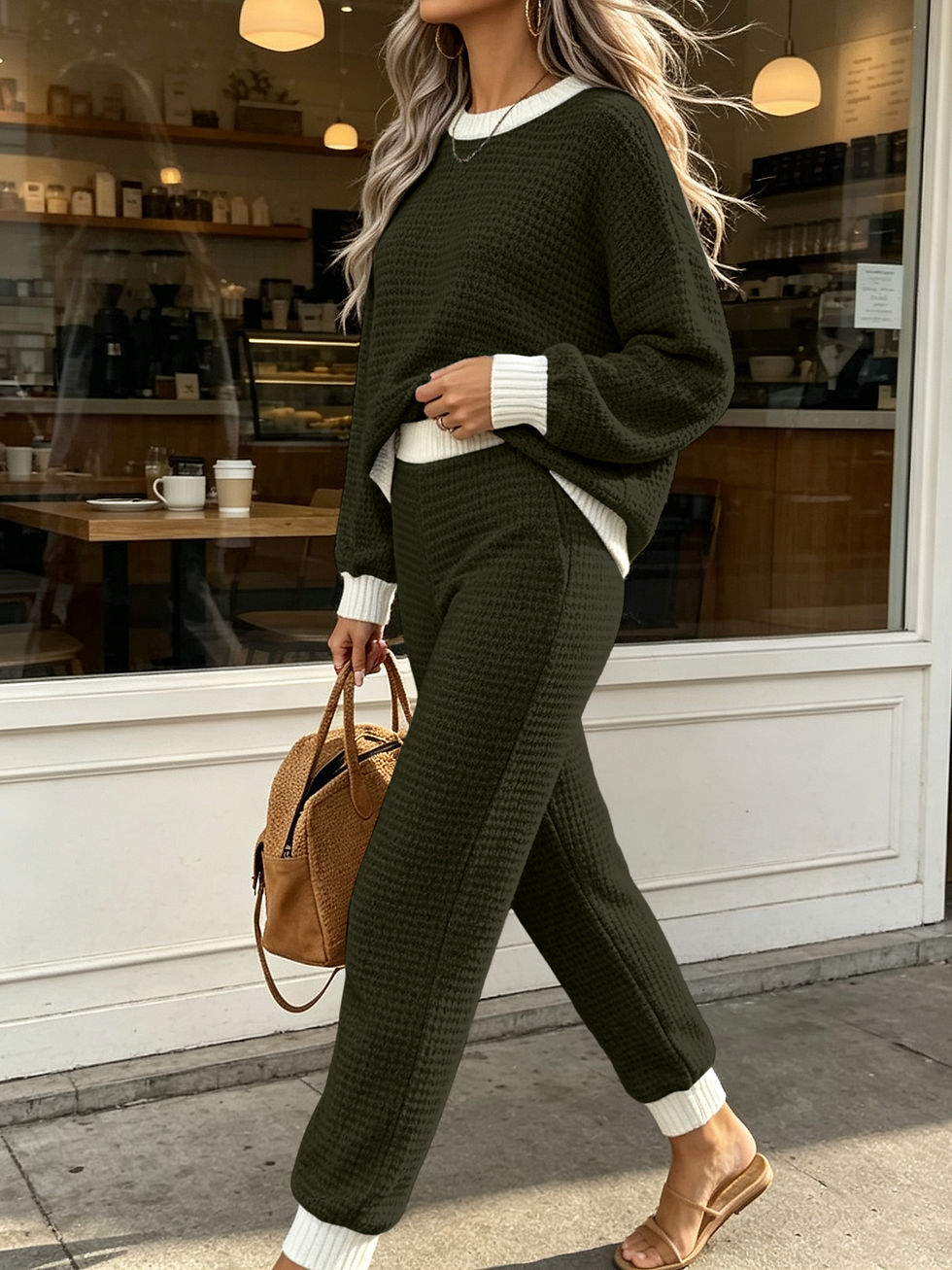 Thumbnail: Ladies Casual Waffle round Neck Hoodie And Sweatpants Two-Piece Set Comfortable 
