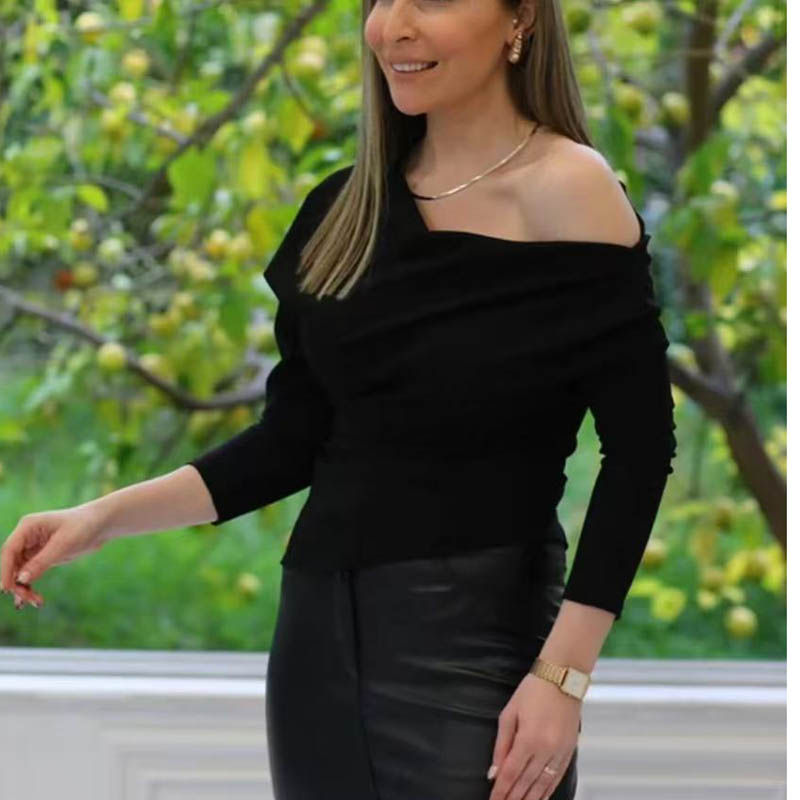 Fall New Arrival Women Solid Color Long Sleeve T-shirts European Asymmetric