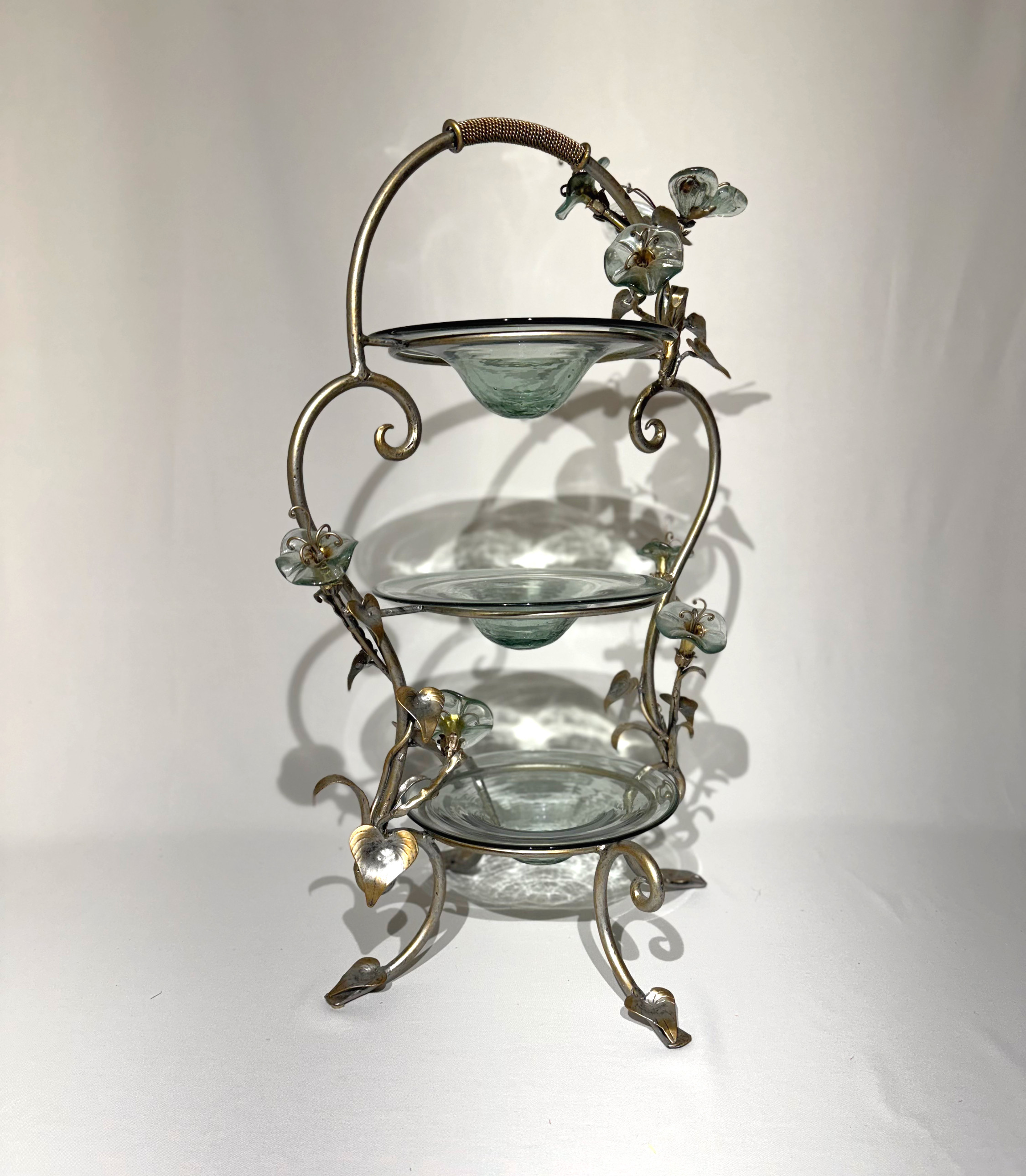 Ornate silver three-tier cupcake holder with glass plates and butterflies GTA rental (Oakville, Mississauga, Milton, North York, Burlington)