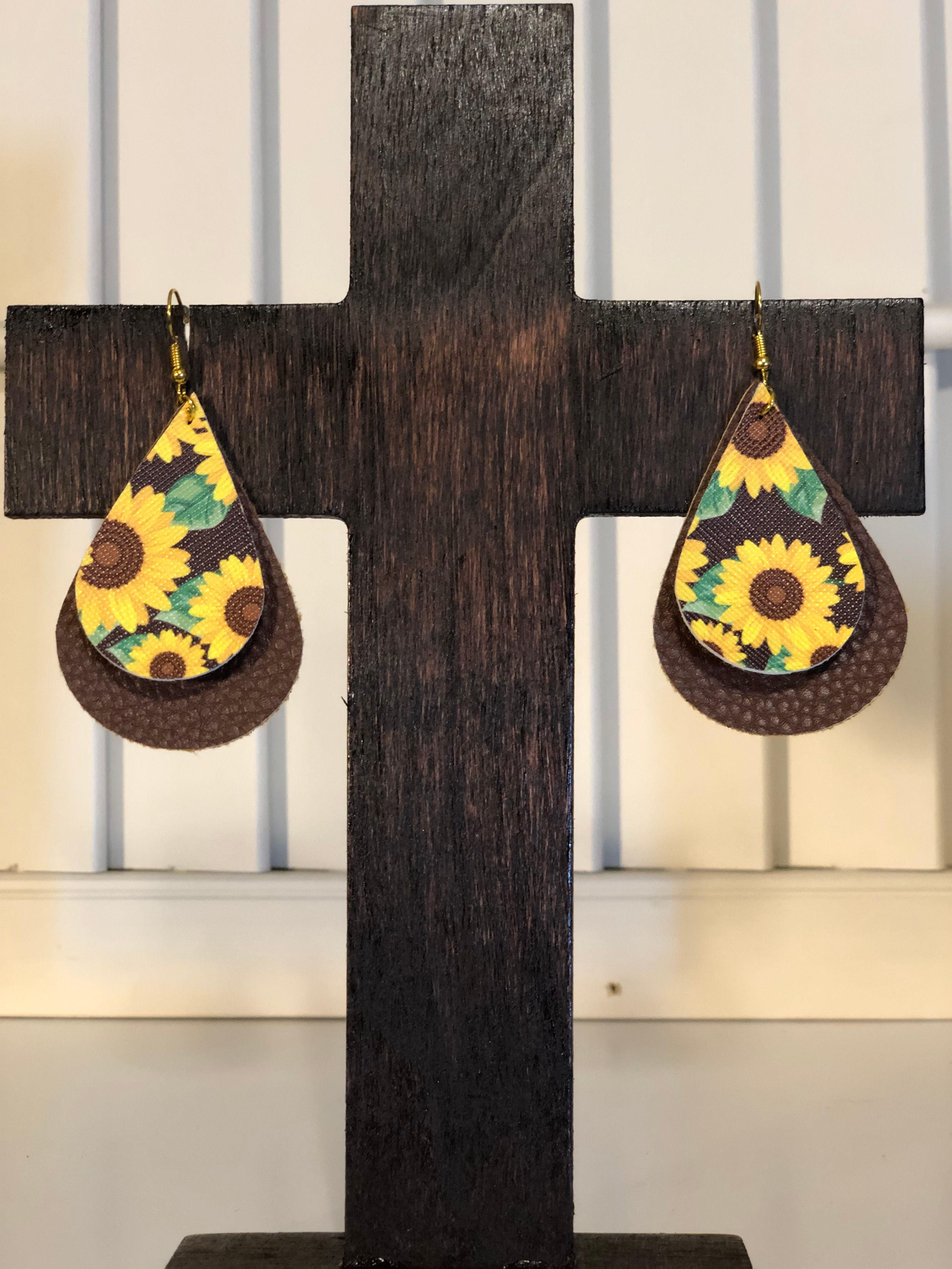 Double Layer Leather Sunflower Teardrop Earrings