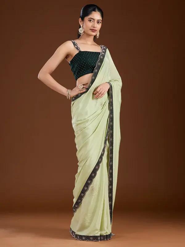 Thumbnail: Pista Green Stonework (Silver) Velvet Saree