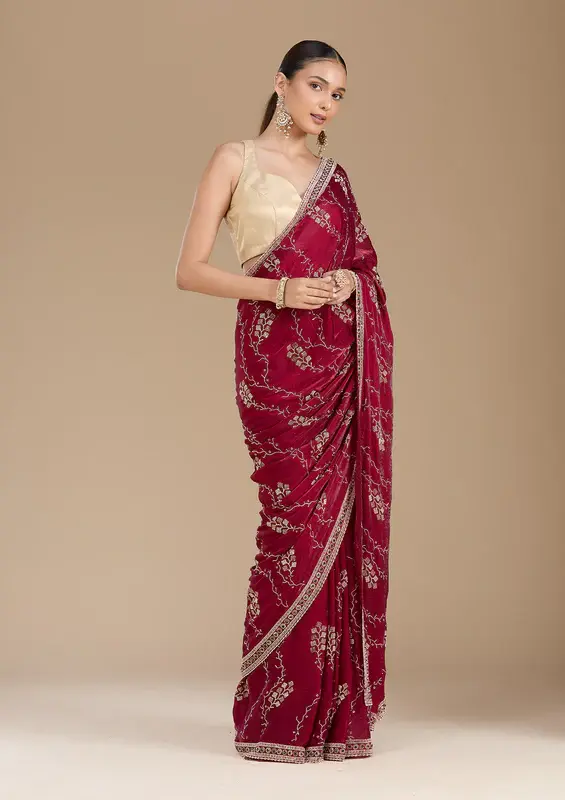 Thumbnail: Wine Stonework (Gold) Tissue Saree