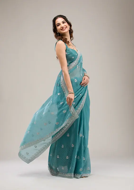 Thumbnail: Sea Green Tissue Zariwork (Silver) Saree With Unstitched Blouse