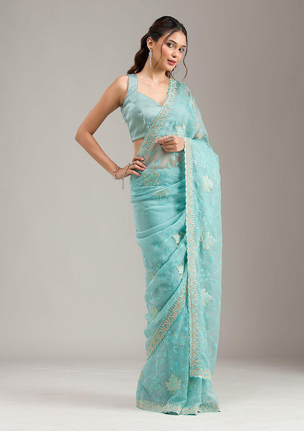 Thumbnail: Sky Blue Cording Tissue Saree