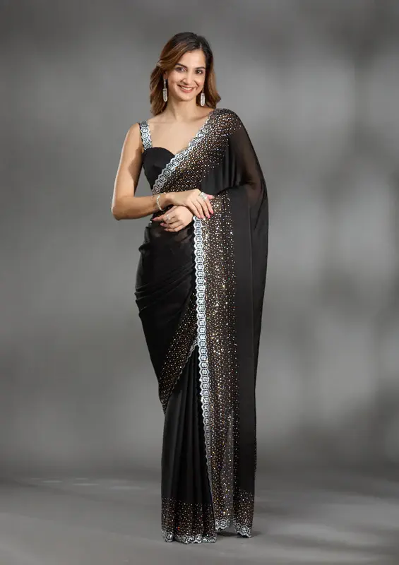 Thumbnail: Black Stonework (Gold) Satin Saree