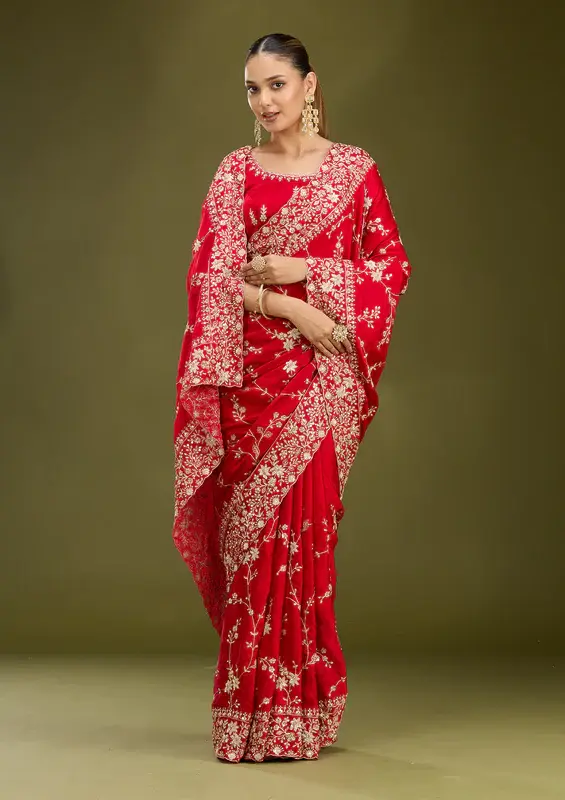 Thumbnail: Red Aariwork Satin Saree