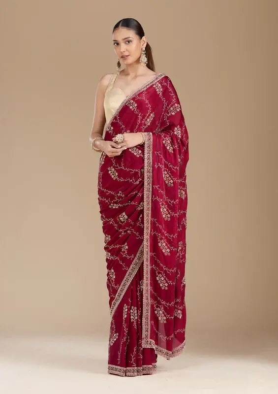 Thumbnail: Wine Stonework (Gold) Tissue Saree