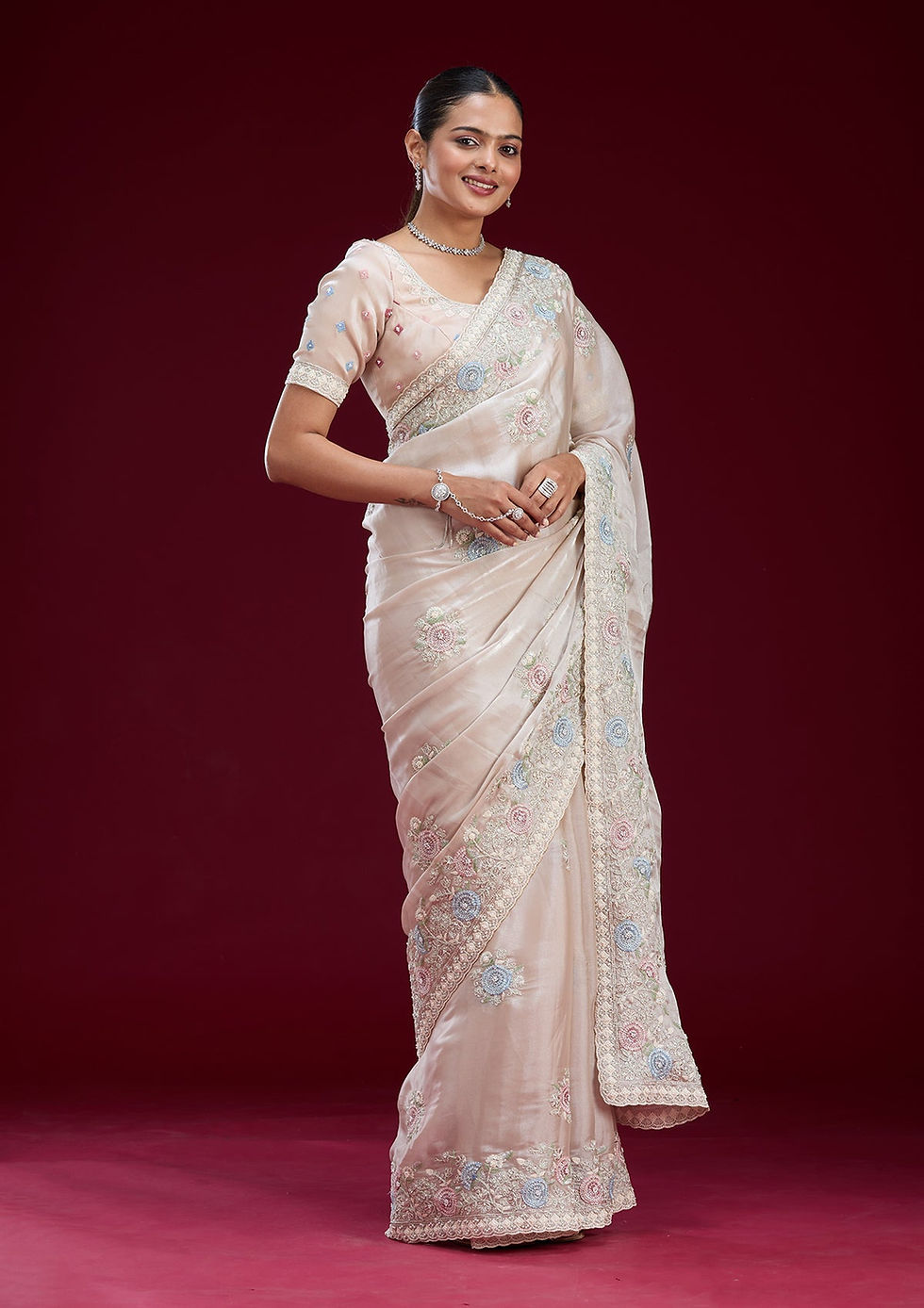 Thumbnail: Zariwork Tissue Saree Beige