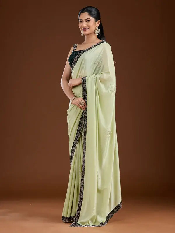 Thumbnail: Pista Green Stonework (Silver) Velvet Saree
