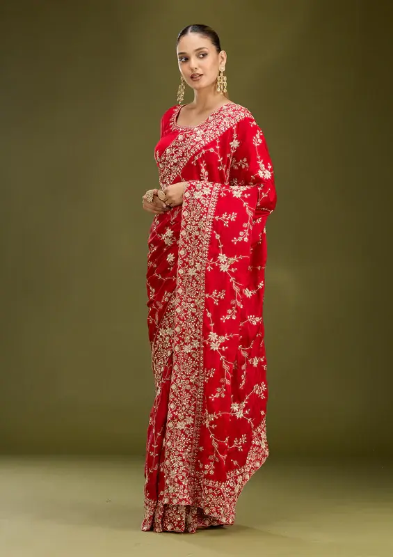 Thumbnail: Red Aariwork Satin Saree