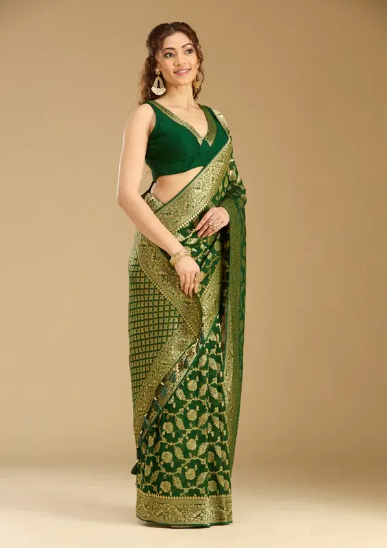 Thumbnail: Bottle Green Zariwork (Gold) Georgette Silk Saree