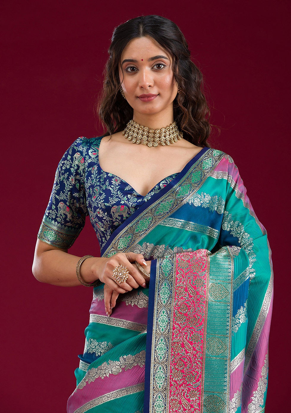 Thumbnail: Royal Blue Swarovski Raw Silk Saree