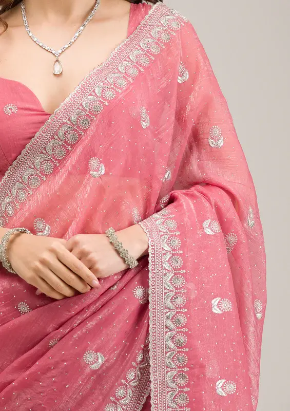 Thumbnail: Pink Tissue Zariwork (Silver) Saree With Unstitched Blouse