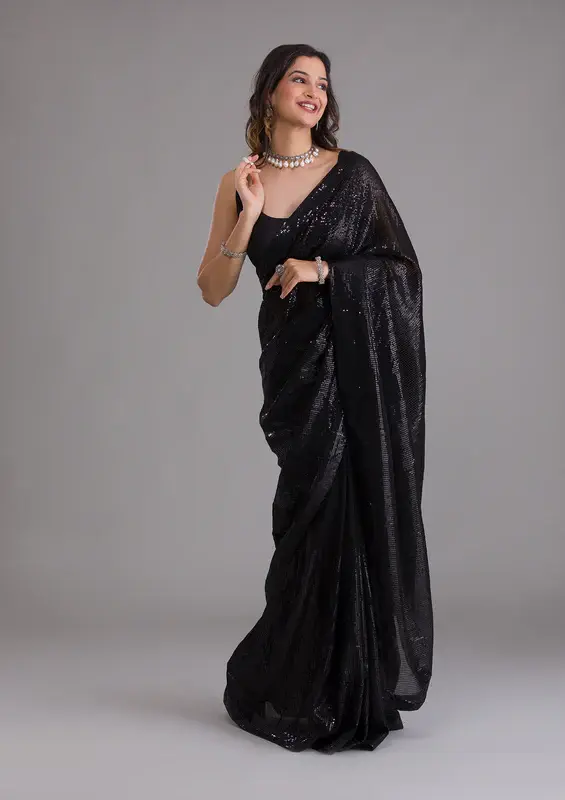 Thumbnail: Black Sequins Georgette Designer Saree