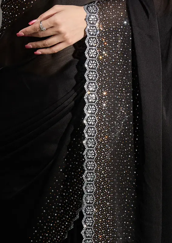 Thumbnail: Black Stonework (Gold) Satin Saree