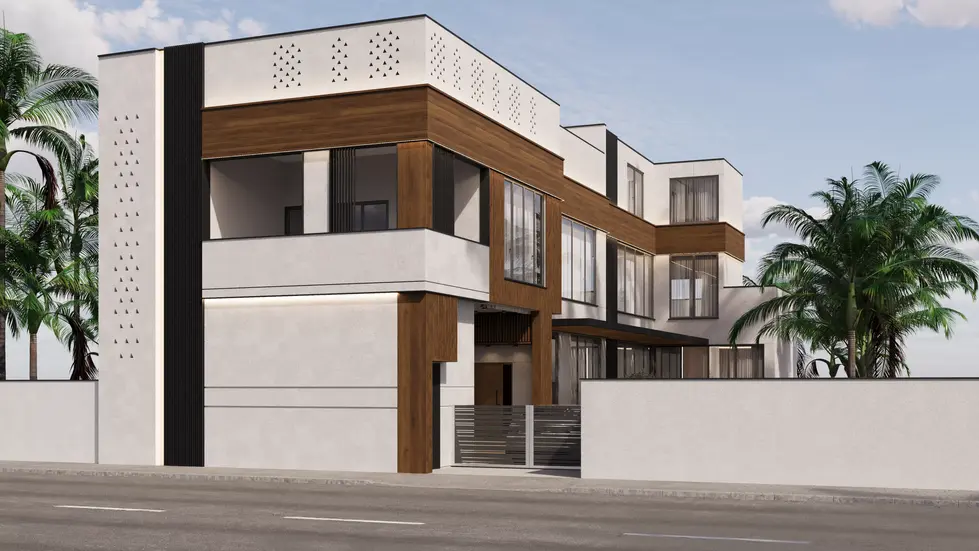 Modern villa exterior with white textured walls, wood cladding, large windows, and contemporary architectural lines under a c