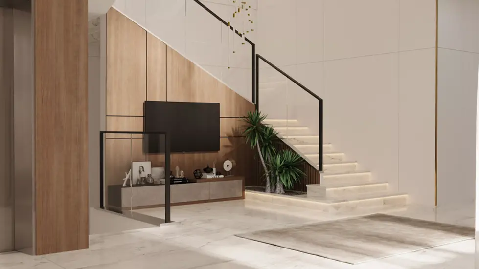 Contemporary TV room with a large wall-mounted screen, vertical slat paneling, built-in shelving, and a white sectional sofa.