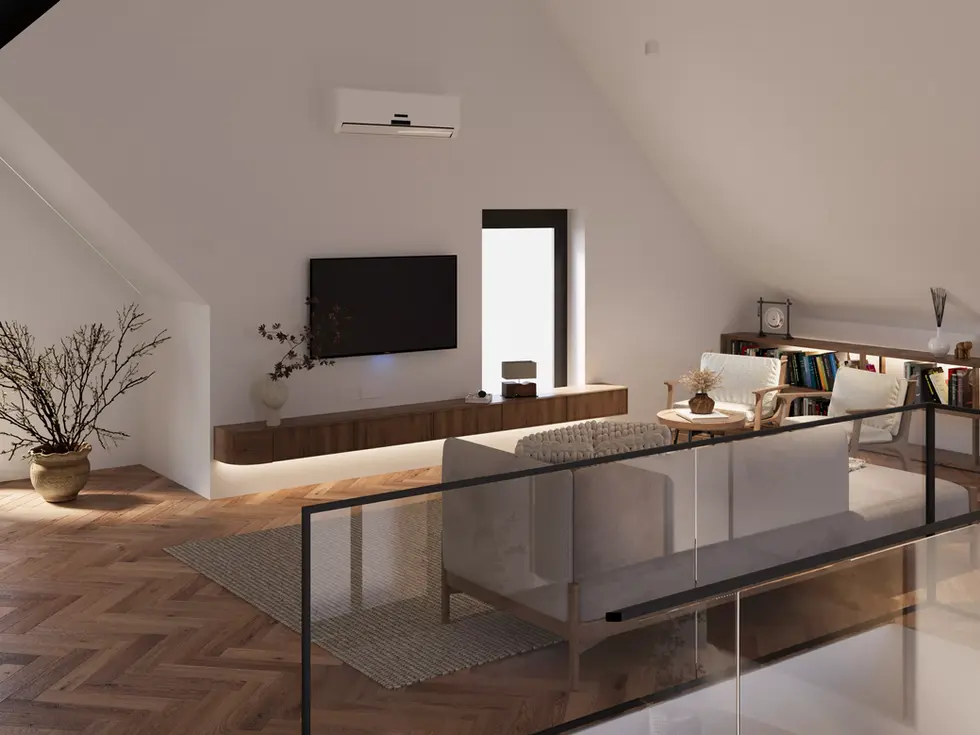 Bright loft seating area with modern shelving, neutral furniture, and wooden flooring.
