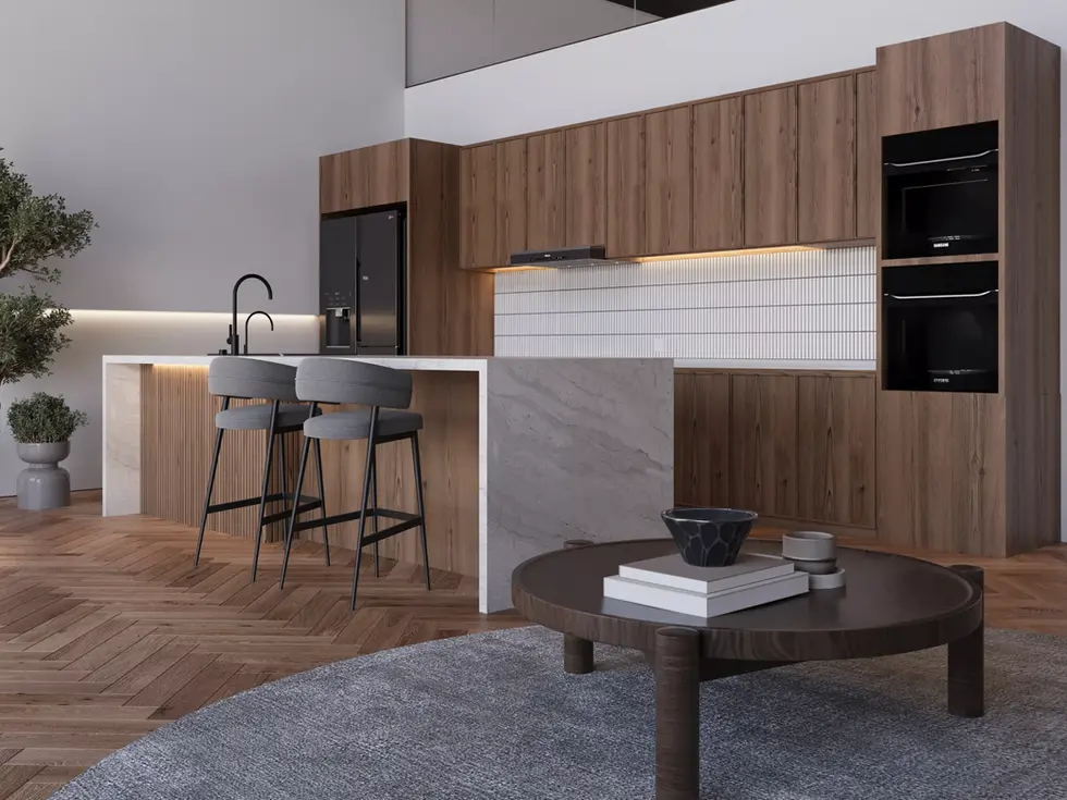 Open-concept kitchen with wooden cabinetry, marble island, and modern minimalist furniture.