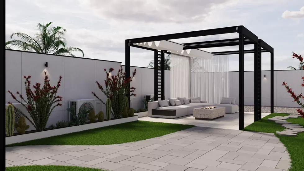 Modern roof garden with minimal landscaping, cactus plants, stone pathway, and black pergola structure under cloudy sky.”